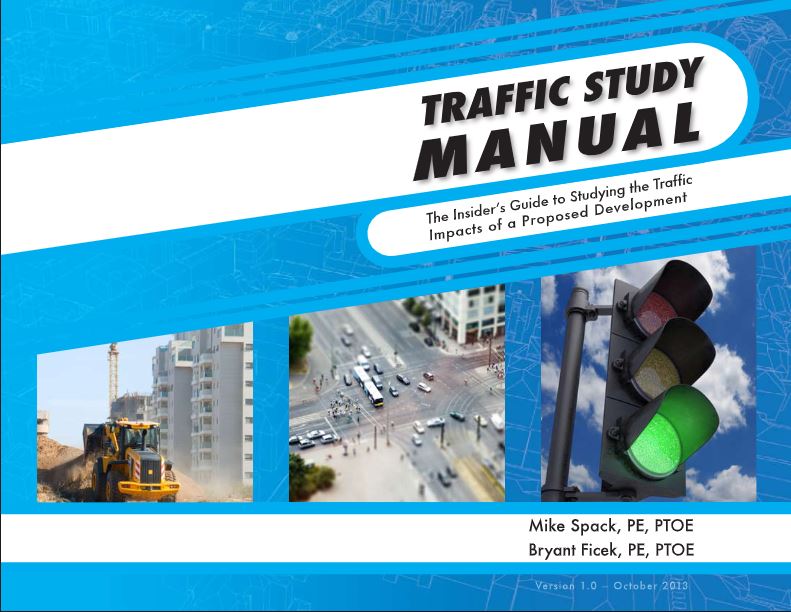 Cover art for the Traffic Study Manual. Blue background with pictures of stop lights, construction vehicles, and a four leg intersection