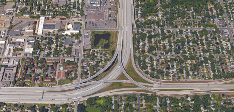 Aerial view of a highway with multiple over passes and merging areas