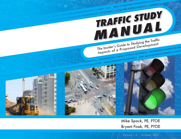 Cover art for the Traffic Study Manual. Blue background with pictures of stop lights, construction vehicles, and a four leg intersection
