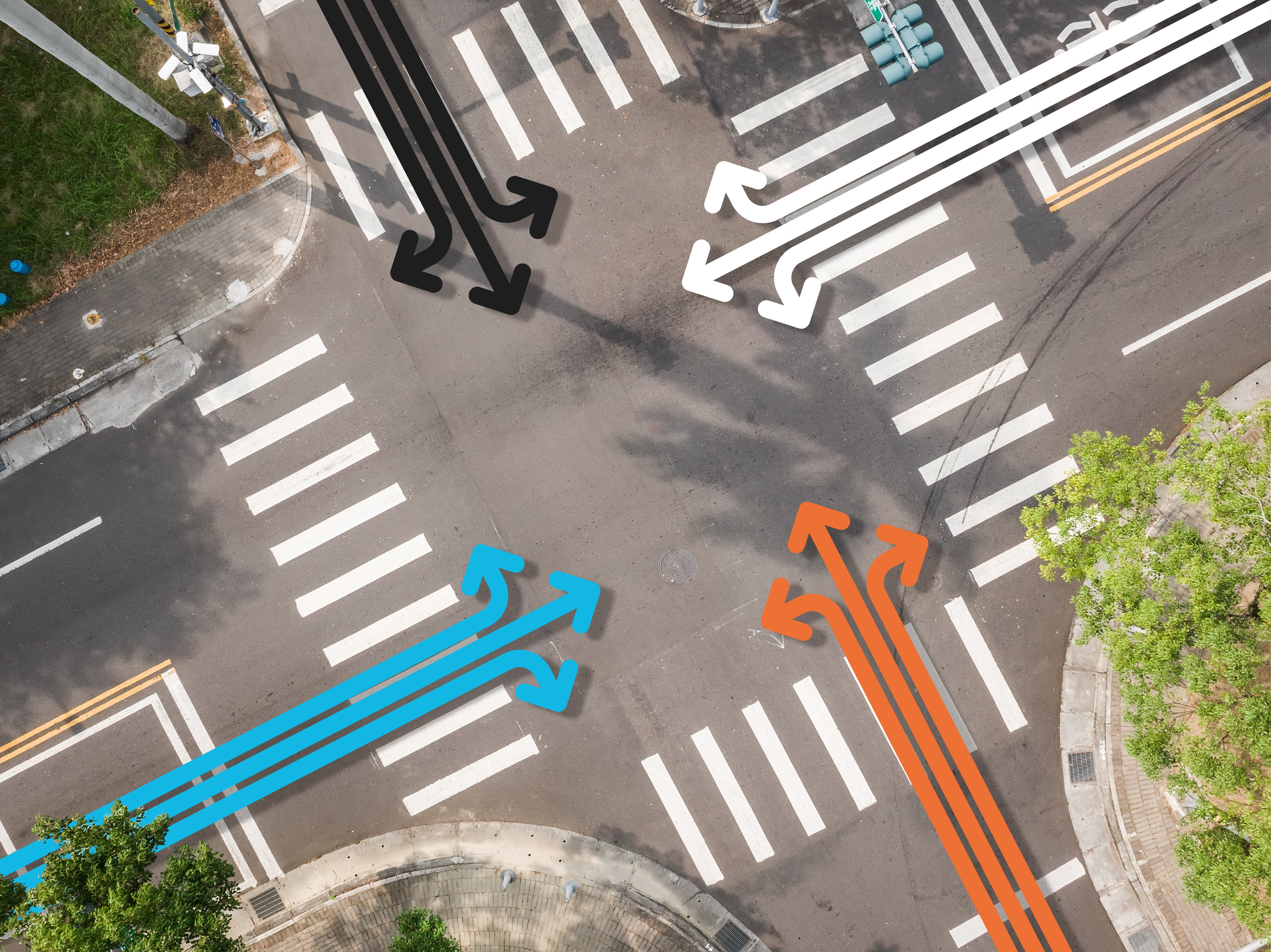 Aerial image of a four approach intersection with left, through, and right turn arrows displayed on each approach
