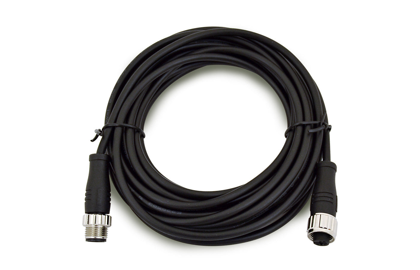 Black 3-pin booster cable cleanly coiled into circle with two twist ties.